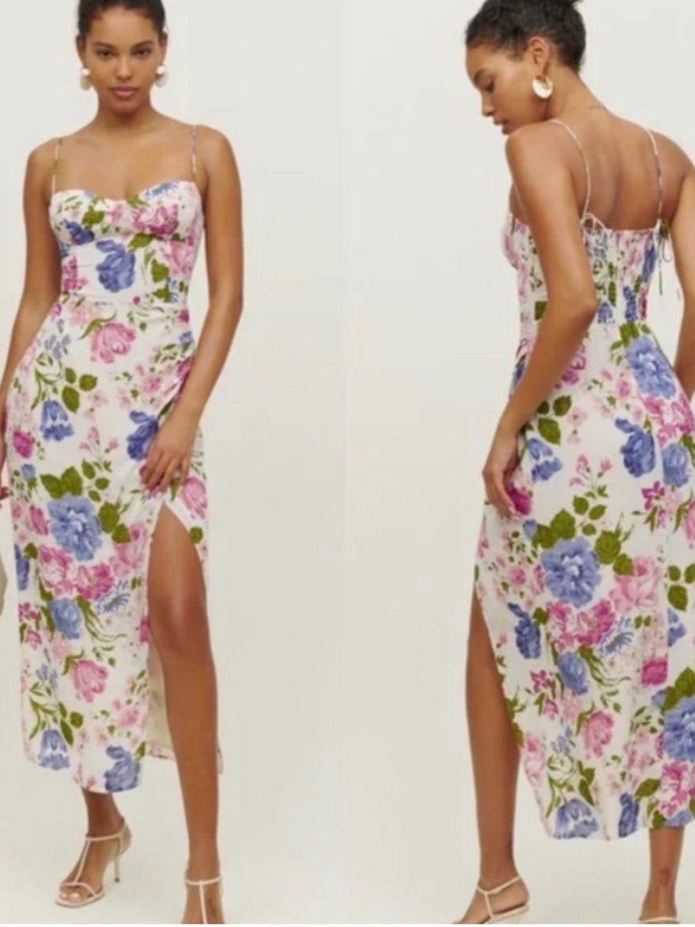 Reformation Pink & Blue Floral Midi Dress with Side Slit